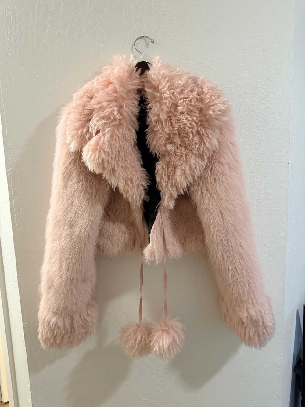 Plush Faux Fur Pink Cropped Jacket with Pom Trim